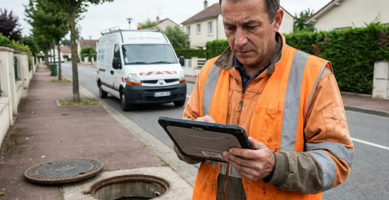 Technicien réseau eau consultant tablette près d'un regard de visite