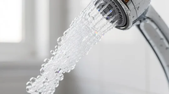 Gros plan sur un jet d'eau aéré sortant d'un robinet moderne avec bulles d'air visibles