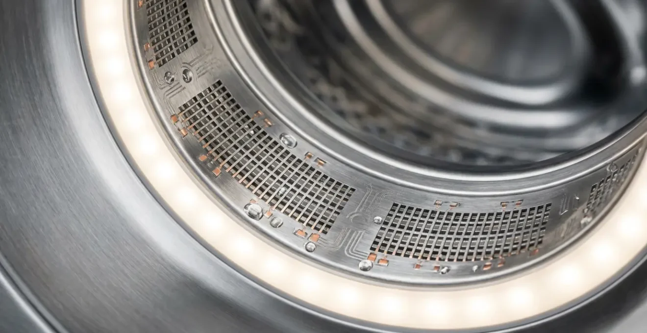 Vue macro de capteurs de pesée dans un tambour de lave-linge moderne
