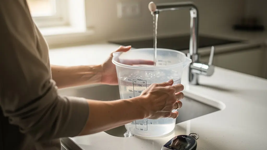Personne mesurant le débit d'eau d'un robinet avec un seau gradué et un chronomètre