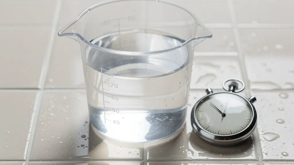 Seau transparent rempli d'eau avec un chronomètre posé à côté dans une salle de bain moderne