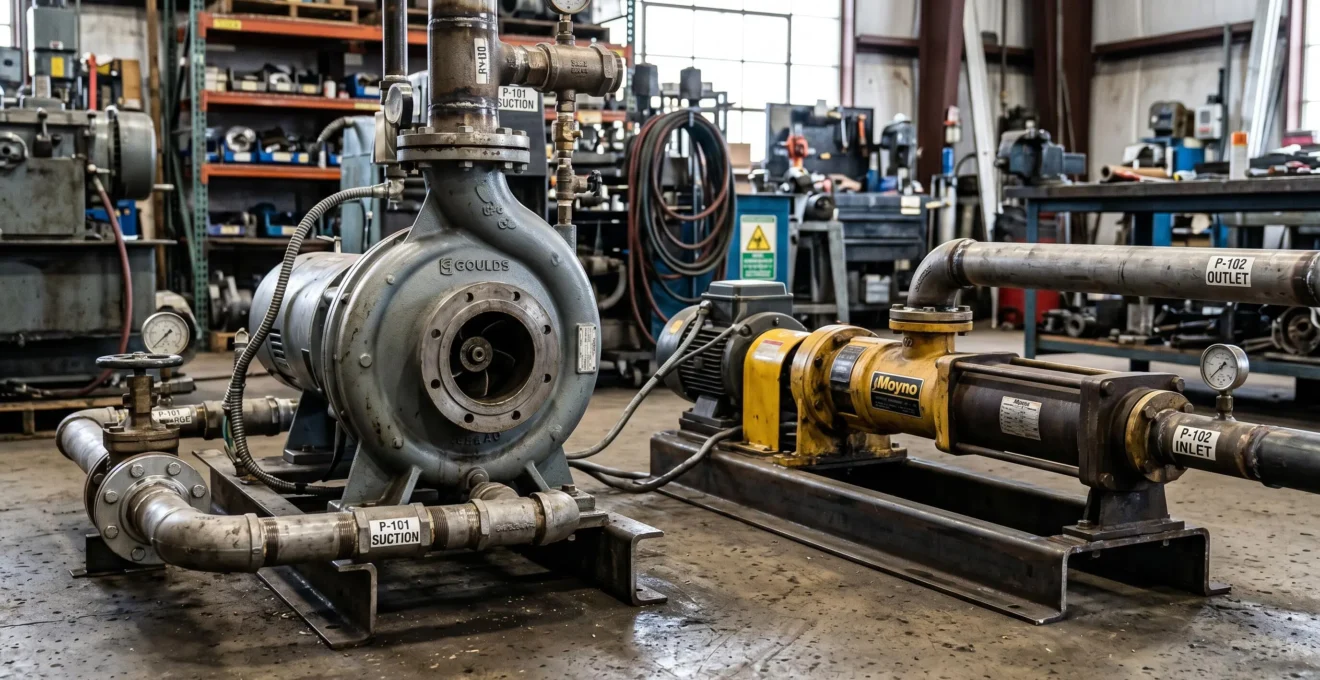 Vue côte à côte d'une pompe centrifuge et d'une pompe volumétrique dans un atelier industriel avec des tuyaux de connexion
