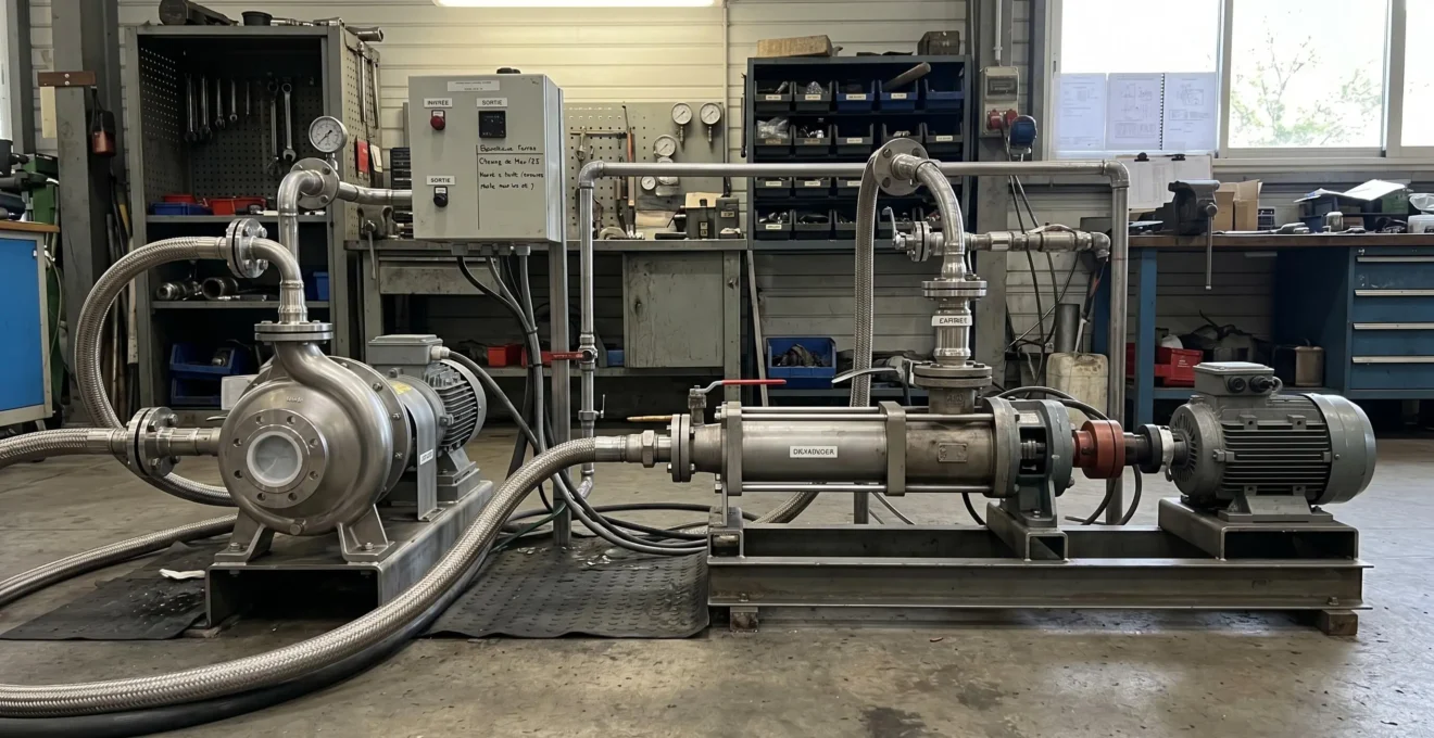 Vue côte à côte d'une pompe centrifuge et d'une pompe volumétrique dans un atelier industriel avec des tuyaux de connexion