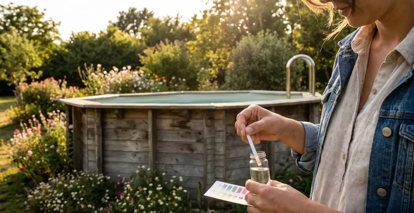 Personne testant la qualité de l'eau d'une piscine en bois avec un kit de mesure pH dans un jardin ensoleillé