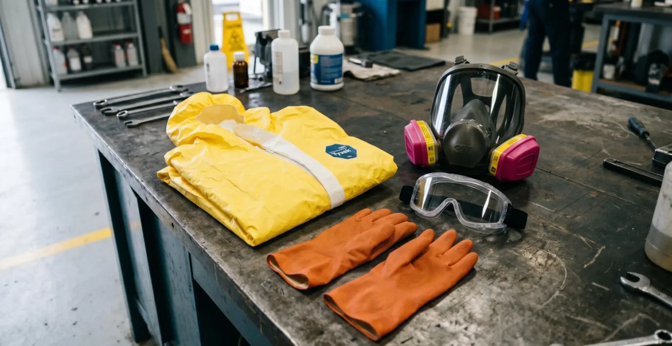 Équipements de protection individuelle pour intervention chimique industrielle : gants, lunettes, masque et combinaison
