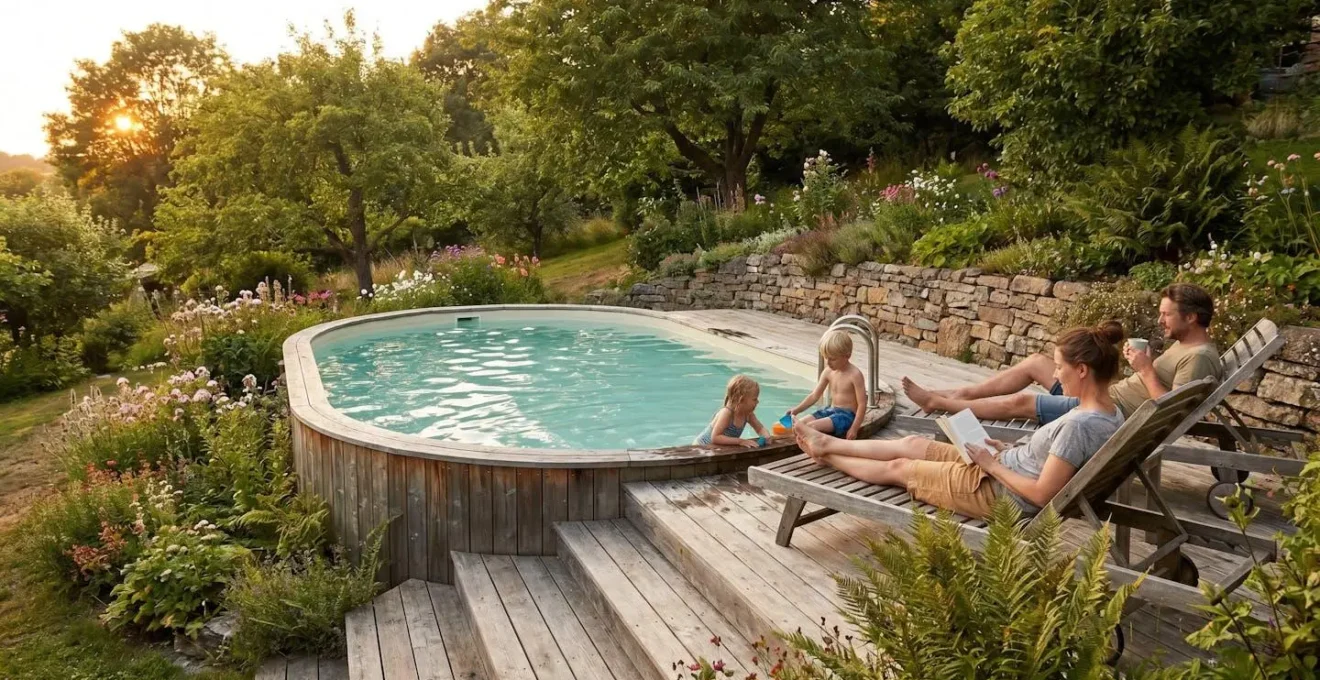 Piscine en bois enterrée dans un jardin verdoyant avec terrasse en bois naturel, famille profitant de l'espace extérieur