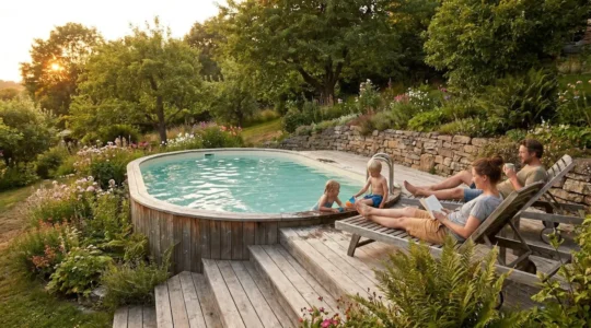 Piscine en bois enterrée dans un jardin verdoyant avec terrasse en bois naturel, famille profitant de l'espace extérieur