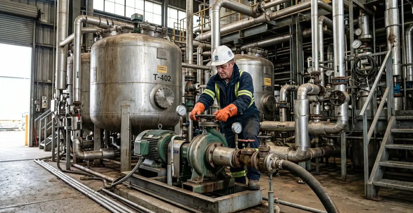 Technicien en équipement de protection intervenant sur une pompe industrielle pour fluide chimique dans une usine