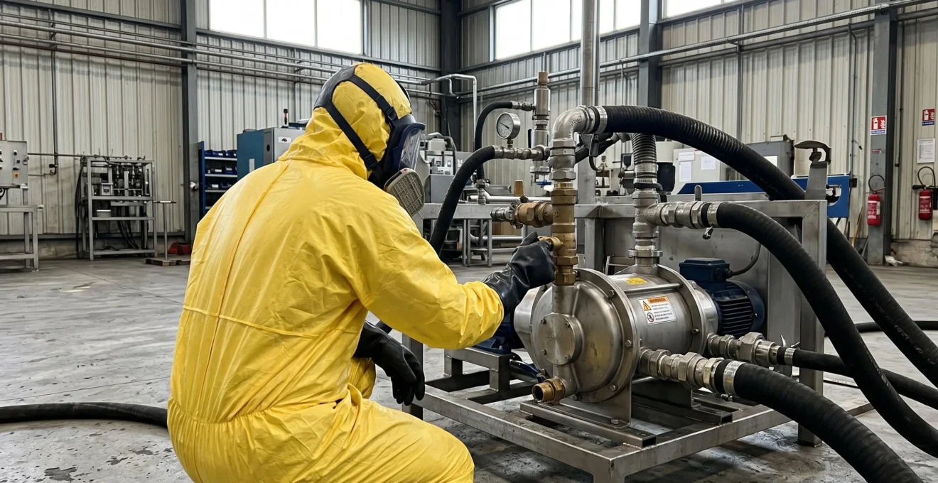Technicien en équipement de protection intervenant sur une pompe industrielle pour fluide chimique dans une usine