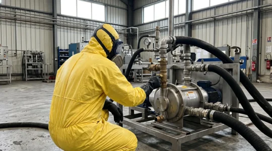 Technicien en équipement de protection intervenant sur une pompe industrielle pour fluide chimique dans une usine